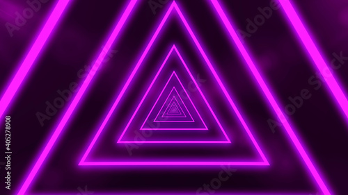 Abstract digital background with neon purple triangles. Abstract tunnel, portal.