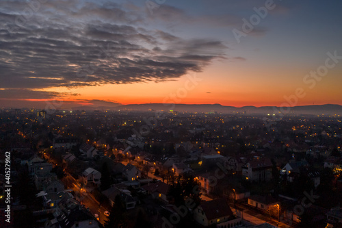 Hungary - Budapest sunset colors from drone view