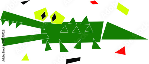 Funny green geometric crocodile in the children's applique style. Restricted color palette, vector illustration.