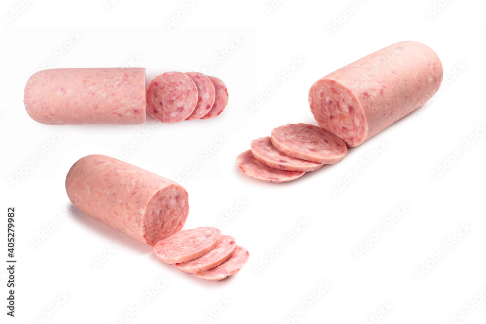 Boiled sausage isolated on white background. Slices. Boiled sausage isolated on white background. Slices.