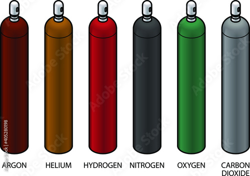 Cylinders of pure industrial gasses in industry standard colours.