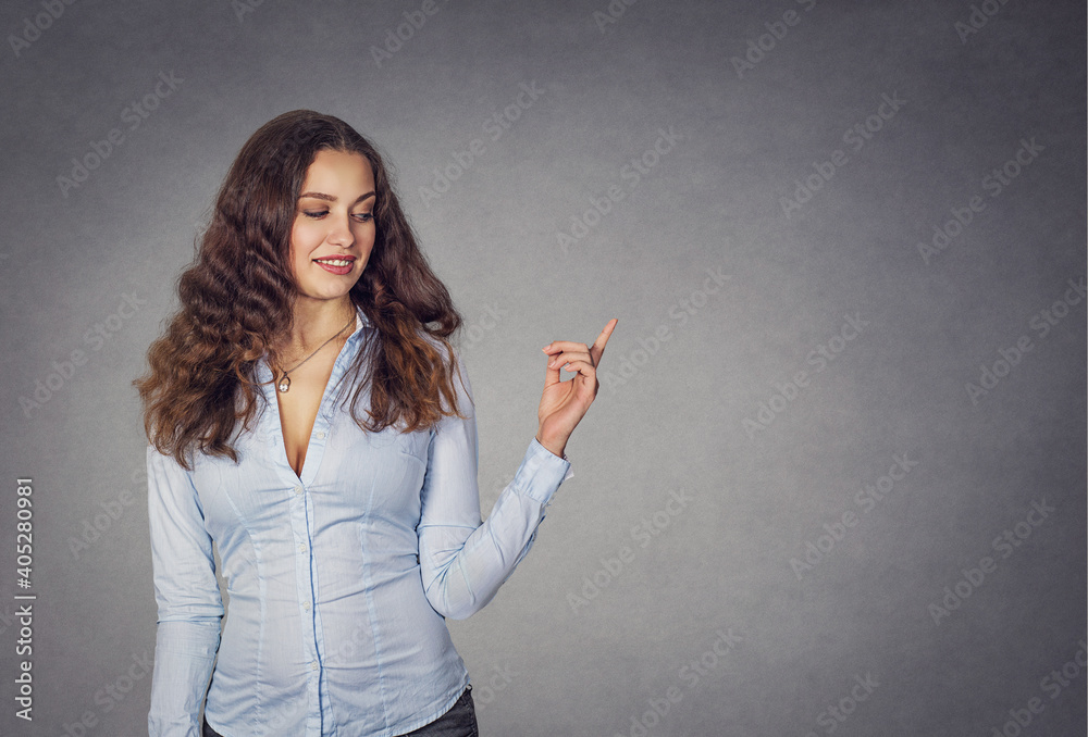 woman gesturing presenting pointing finger copy space woman gesturing presenting pointing finger copy space