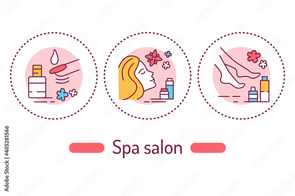 Fototapeta premium Spa salon outline concept. Beauty service line color icons. Pictograms for web page, mobile app, promo.