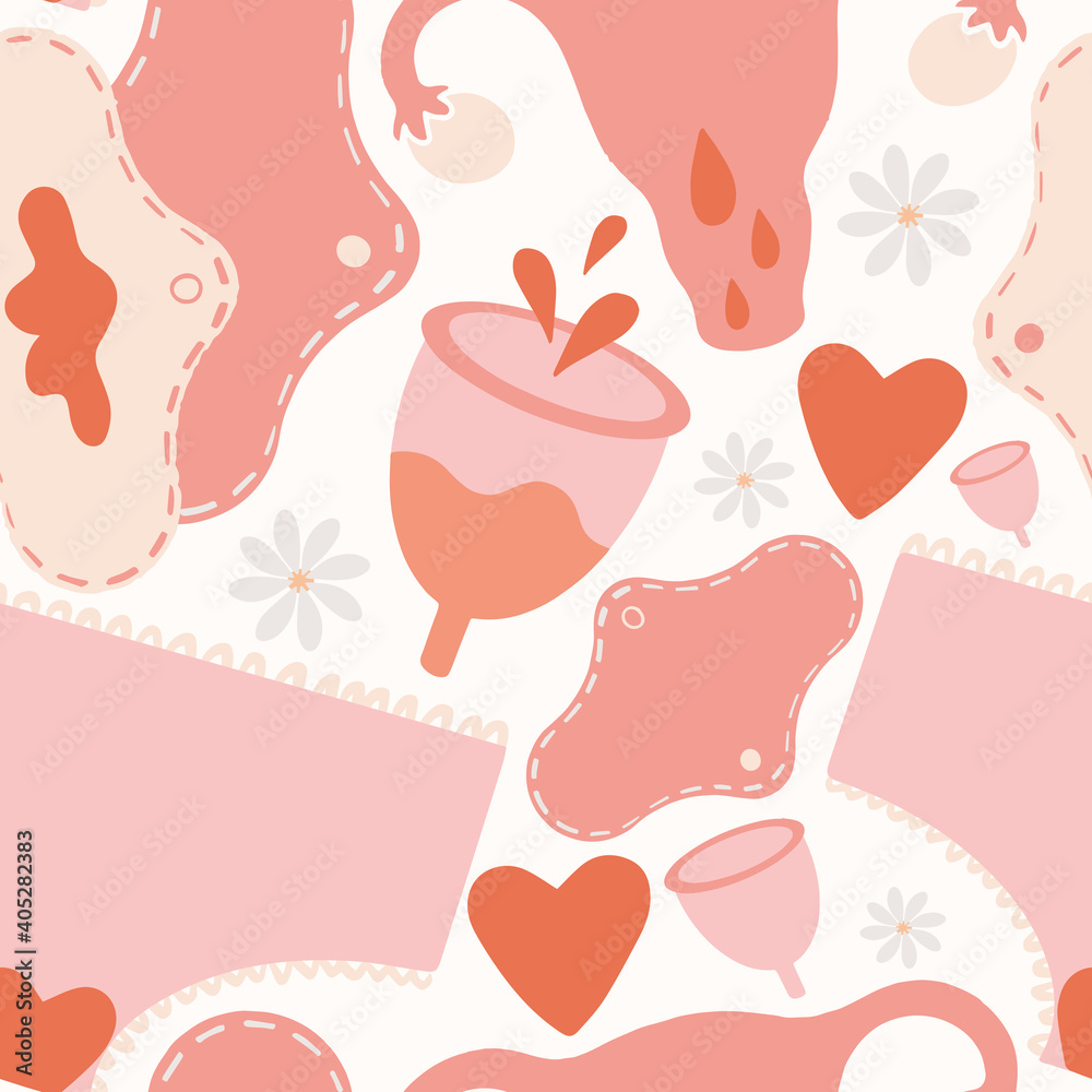 Menstruation theme. Period vector illustration. Feminine hygiene products. Panties, pads, cups. Menstrual protection, feminine hygiene. Zero waste objects. Menstruation theme. Period vector illustration. Feminine hygiene products. Panties, pads, cups. Menstrual protection, feminine hygiene. Zero waste objects.