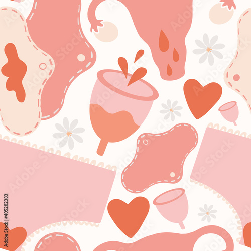 Menstruation theme. Period vector illustration. Feminine hygiene products. Panties, pads, cups. Menstrual protection, feminine hygiene. Zero waste objects. 