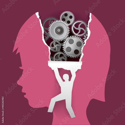 Child psychology, psychological examination concept.
Little child head in profile with gear and male silhouette ripping paper background. Vector available.