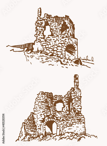 Graphical vintage set of fortress of Crimea, ruins