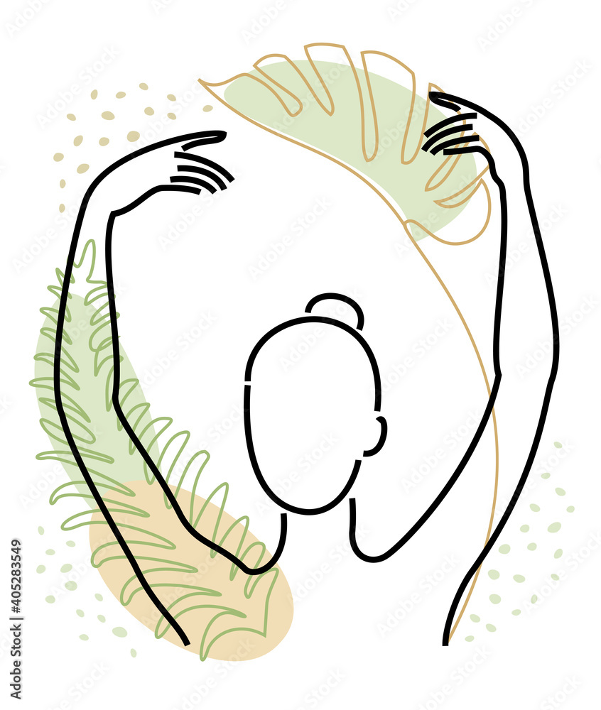Silhouette of a beautiful lady. The girl is slim and elegant. Near it there are green leaves. Suitable for cosmetics advertising. Vector illustration. Silhouette of a beautiful lady. The girl is slim and elegant. Near it there are green leaves. Suitable for cosmetics advertising. Vector illustration.