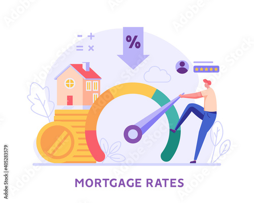 Mortgage Rates. Man Increasing Credit Rating for Low Rates. Interest Rates Dropping. Client Decrease Percent. Concept of Credit Score, Buy House, Mortgage Loan. Vector illustration for Web Design