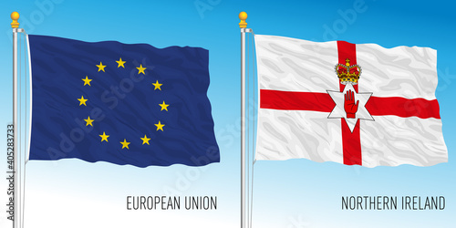 European Union and Northern Ireland flags, vector illustration