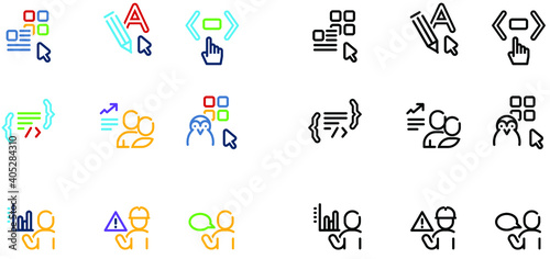 Set of vector icons. Differents course or concept icons: apps, development, code, html, security, language, linux, internet, economics.