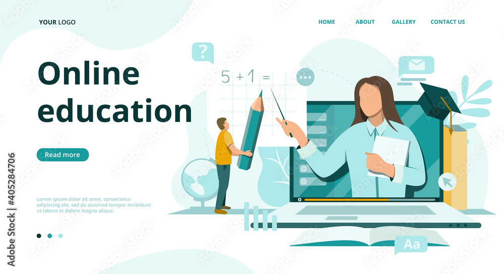 Online school and university education concept in flat style.Distance learning landing page template.E-Learning with kid character boy learn on laptop from home.Back to Digital School.Quarantine 