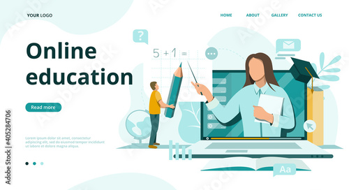 Online school and university education concept in flat style.Distance learning landing page template.E-Learning with kid character boy learn on laptop from home.Back to Digital School.Quarantine 