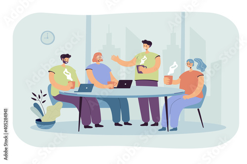 Employees brainstorming during coffee break. Office people meeting at table with hot drinks and laptops and talking. Vector illustration for teamwork, working together, cooperation concept