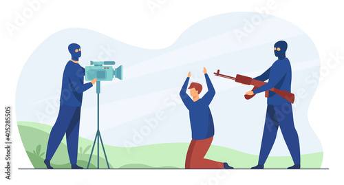 Terrorist shooting video with hostage. Gangsters in mask, aiming gun, captive. Flat vector illustration. Assault, criminal, terror concept for banner, website design or landing web page