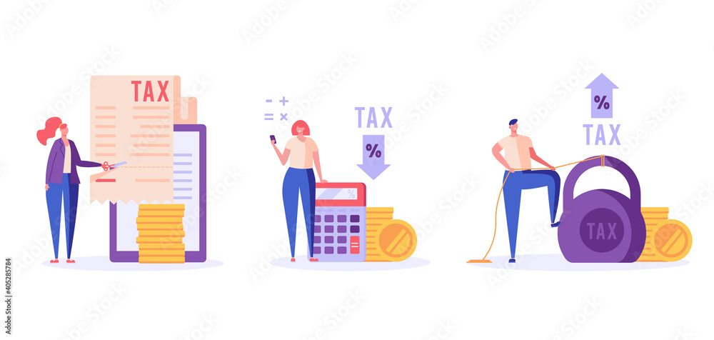 Successful people pay and count taxes. Tax time. Set of tax management, optimization, duty, financial accounting. Vector illustration in flat design for UI, banner, mobile app Successful people pay and count taxes. Tax time. Set of tax management, optimization, duty, financial accounting. Vector illustration in flat design for UI, banner, mobile app