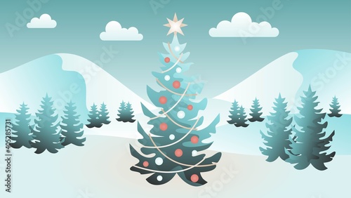 Winter time. Happy New Year. Happy Christmas. Christmas tree. Winter landscape with snowdrifts and snowy fir trees. Seasonal nature background. Frosty snow hills. Vector illustration. 