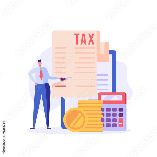 Successful businessman cuts heavy taxes with scissors. Tax deduction. Concept of tax return, optimization, duty, financial accounting. Vector illustration in flat design for UI, banner, mobile app