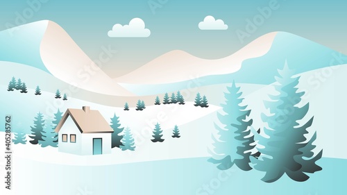 Winter time. Winter landscape with snowdrifts and snowy fir trees. Seasonal nature background. Frosty snow hills. Snowy background. Snowdrifts. Snowfall. Vector illustration. 