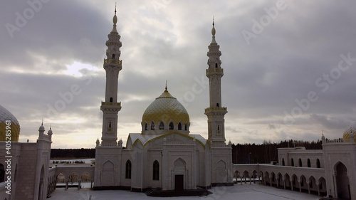 Bulgarian Historical and Architectural Museum-Reserve. Aerial panoramic view of old russian city. Mosque, Muslim heritage of Kazan, Ancient buildings from the Drone, Flying over the Point of interest 