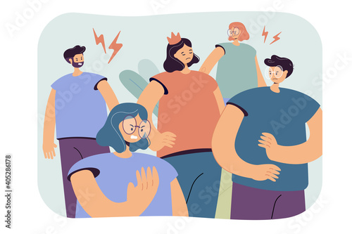 Arrogant selfish person in crown making group of people annoyed and angry. Lonely girl having behavior problems. Vector illustration for aggressive society, bad communication concept