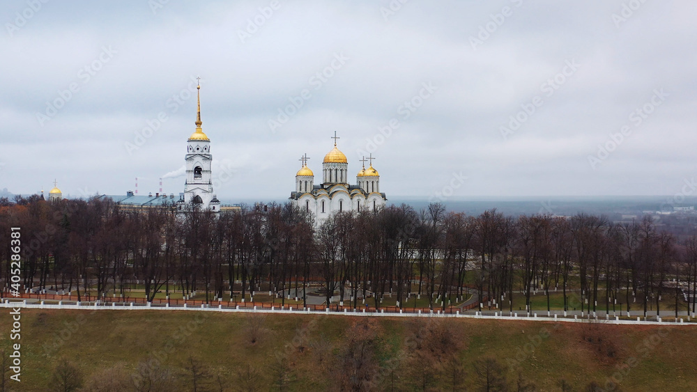 Vladimir, Russia. Aerial panoramic view of russian city. View from the Drone, Flying over Point of interest	
