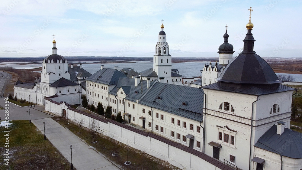 Assumption Cathedral and Monastery, Island Grad Sviyazhsk, Kazan. Aerial panoramic view of old russian city. View from the Drone, Flying over Point of interest	
