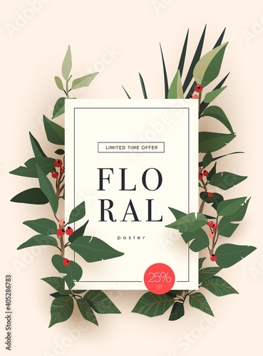 Bright floral background design with plants and leaves. Vector