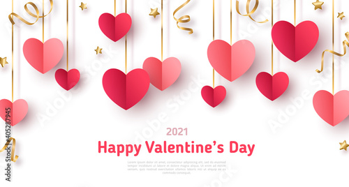 Happy Saint Valentine's day card, hanging red and pink paper cut hearts with gold streamers on white background. Place for text. Decorative holiday banner, festive poster, romantic flyer, brochure.