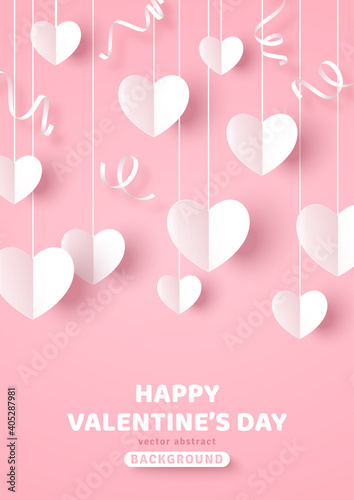 Happy Saint Valentine's day card, hanging white paper cut hearts with streamers on pastel pink background. Place for text. Decorative holiday banner, festive web poster, romantic flyer, brochure.
