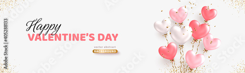 Valentine's day horizontal banner design. Realistic white and pink balloons. Ballon bunch with golden confetti. Decorative holiday banner, festive web poster, flyer, brochure. Romantic card background