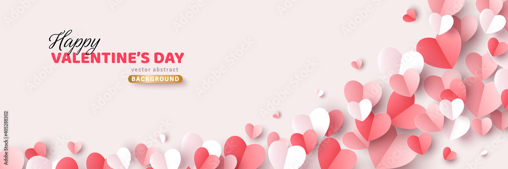 Red, pink and white flying hearts on white background. Vector illustration. Paper cut decorations for Valentine's day border or frame design, place for text, typography template.