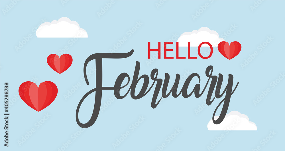 Hello February vector background. Cute lettering banner with clouds and hearts illustration. - obrazy, fototapety, plakaty 