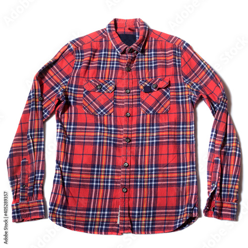Fotografie Warm Flannel winter checkered shirt isolated on white background