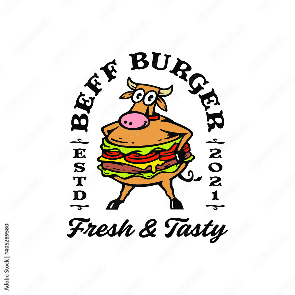 Obraz premium label mascot cow with burger combination. beef burger vector illustration