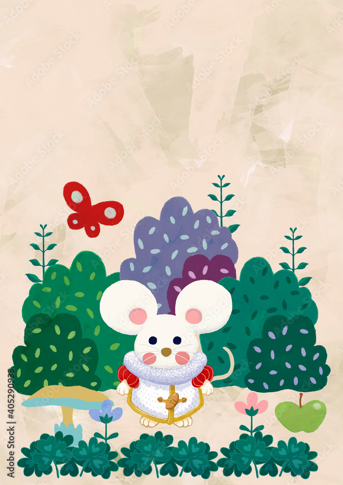 cute mouse character. Fairy tale character in a forest or garden. nursey poster, cover illustration for kids. Medieval character cute mouse character. Fairy tale character in a forest or garden. nursey poster, cover illustration for kids. Medieval character