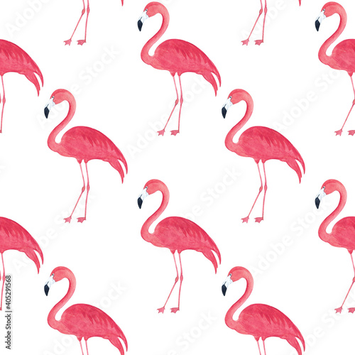 Watercolor pink flamingo seamless pattern. Tropical bird summer background. Perfect for fabric print, textile, wrapping paper.