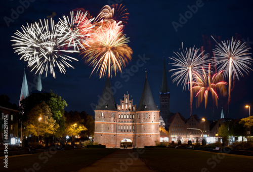 New Year's Eve at the Holsten Gate in Lübeck, Germany.