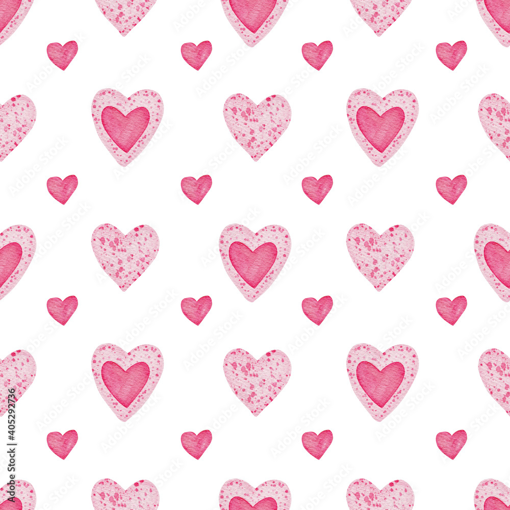 Watercolor seamless pattern with painted watercolor hearts.