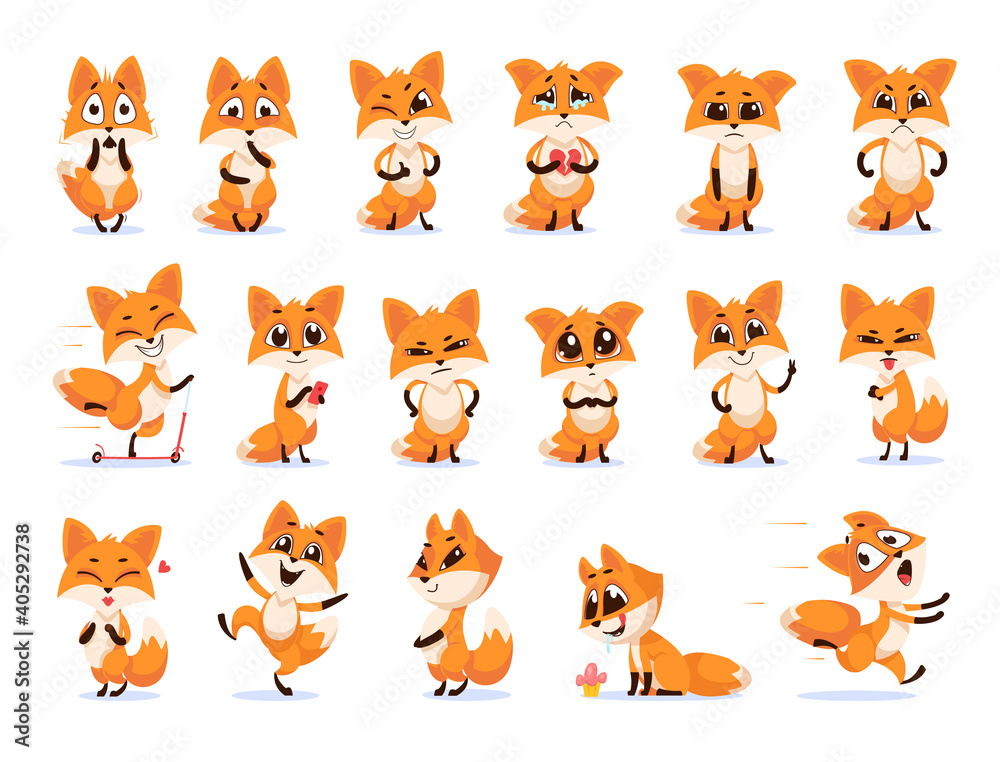 Cute funny emotional fox set. Cute red little fox smiling, crying