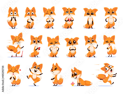 Cute funny emotional fox set. Cute red little fox smiling, crying, dancing, running away, getting angry, surprised, upset, scared. Vector illustration for cartoon animal, different emotions concept photo