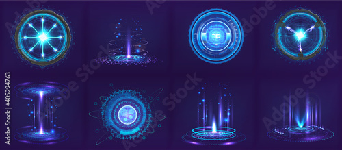 Sci-fi futuristic gadgets and devices in HUD style. Circle digital 3D elements for UI, GUI, VR and other. Hi-tech abstract elements - spheres, futuristic gadgets, holograms and other digital elements