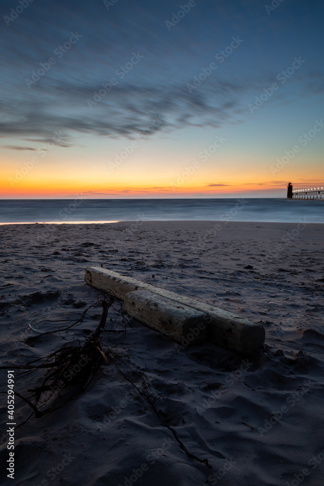 Beautiful sunset blue hours at South Haven Lighthouse Lake Michigan.