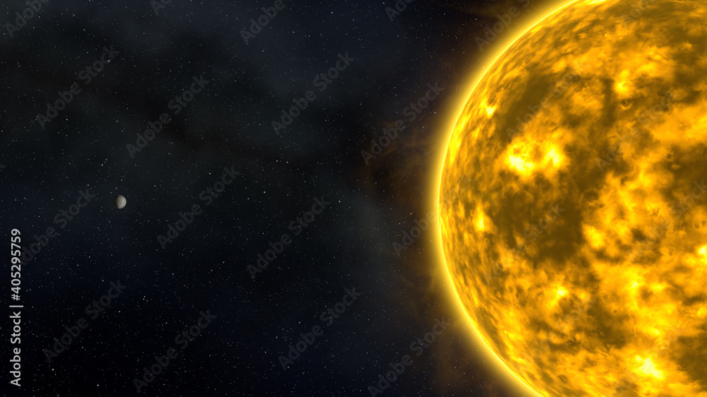 Solarfields, Mercury and Sun, planets of the solar system, space, 3D render, solar system, stars, galaxy