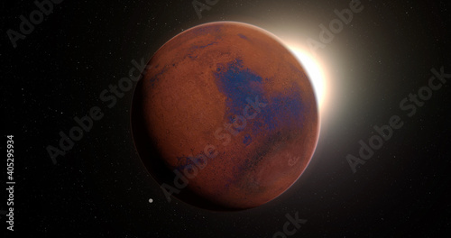 Mars and Phobos, planets of the solar system, space and stars, realistic 3D graphics, 3D Render, moving stars, planets