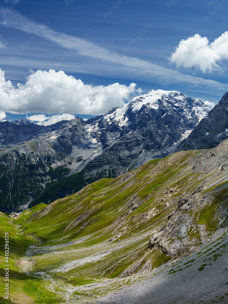 Mountain landscape along the road to Stelvio pass at summer