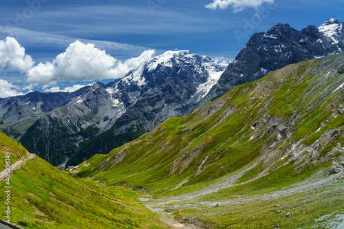 Mountain landscape along the road to Stelvio pass at summer