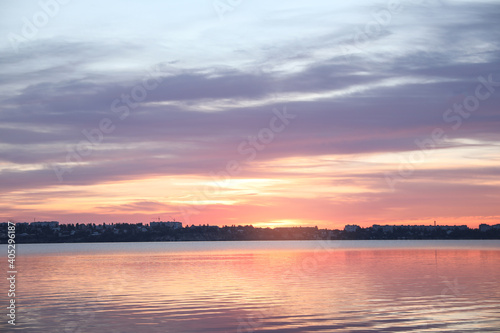 Picturesque view of beautiful river at sunset. Nature healing power