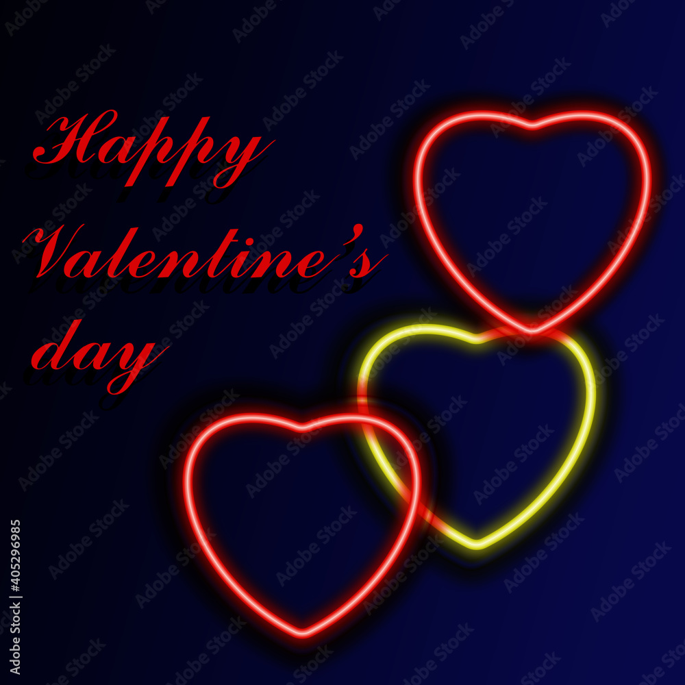 Happy Valentine's Day neon background. Color card design with glowing neon hearts.