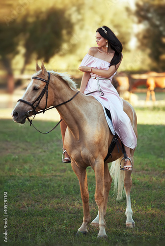 Beautyful woman in dress with horse 